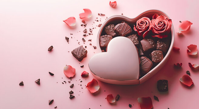 Heart-Shaped Chocolate Box with Rose Petals