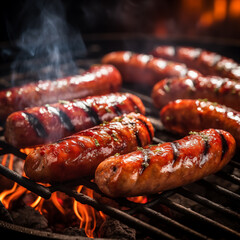 Grilled sausages. BBQ sausages. Homemade sausages cooked on the grill.