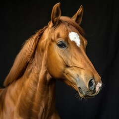 Fototapeta premium horse portrait of chestnut horse with a white spot on a black background