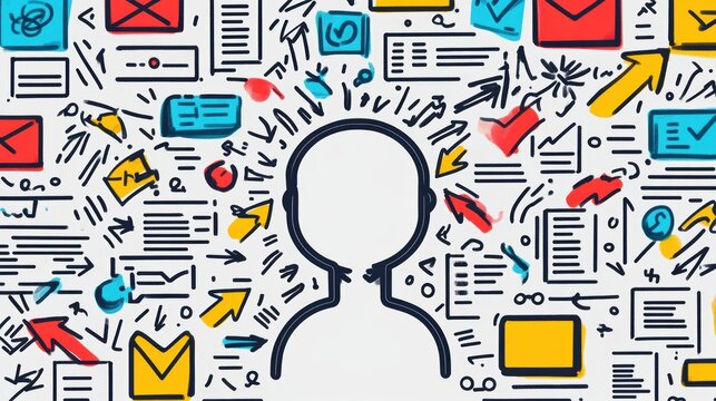 Person overloaded with information facing documents, files and icons exploding from his head