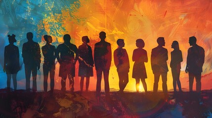 Silhouettes of multiethnic people standing together in solidarity, symbolizing a community of colleagues or collaborators, their distinct profiles blending seamless.