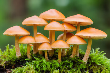 Close-up of small brown mushrooms growing on a mossy forest floor, with a forest background. Macro photography, focus stacking, with green and orange tones. 