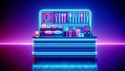 neon lit futuristic diner counter with glowing plates of food and utensils,featuring gradient blue and purple background