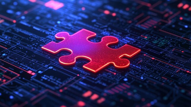 Glowing Puzzle Piece on Circuit Board Background in Cyber Theme