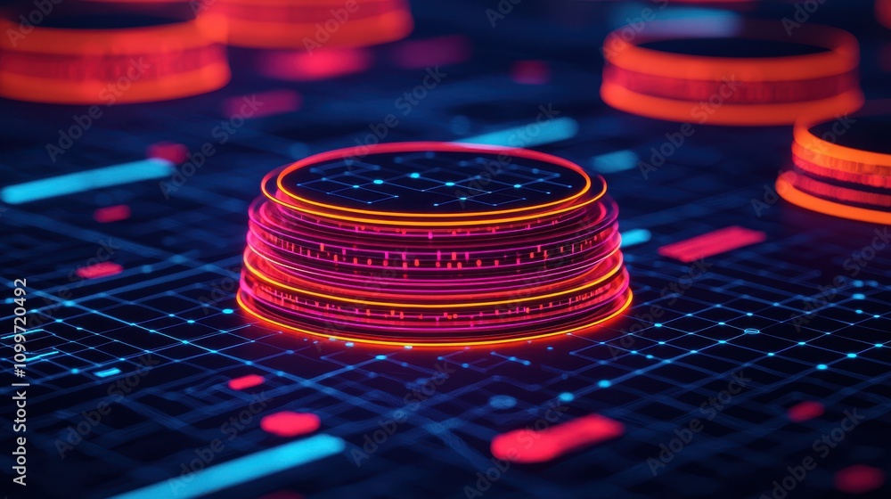 Poster futuristic digital interface with neon elements and circular shapes