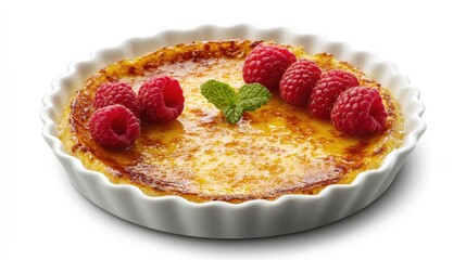 Golden crÃ¨me brÃ»lÃ©e topped with vibrant raspberries and a sprig of mint, served in a classic white dish, perfect for any festive occasion.