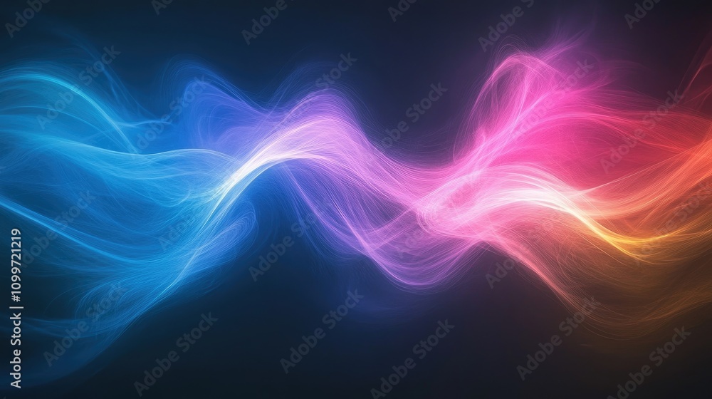 Poster colorful gradient lines flowing in parallel, creating a smooth wave effect on a dark backdrop, showc