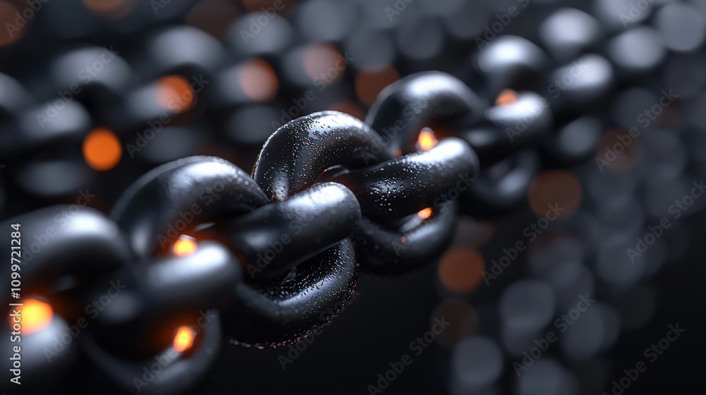 Aufkleber close-up view of interconnected metal chains with glowing links in a dark environment