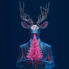 Obraz premium Deer in silver suit holding pink Christmas tree against dark background. New year and Christmas celebration concept