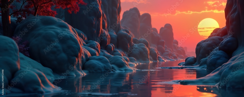 Aufkleber Sunset view of abstract rocks, calm water. Dramatic colors. Tranquil scene in unique environment. 3d rendering. Surreal landscape. Colorful reflections on water surface. Evening light on rocks. Vivid
