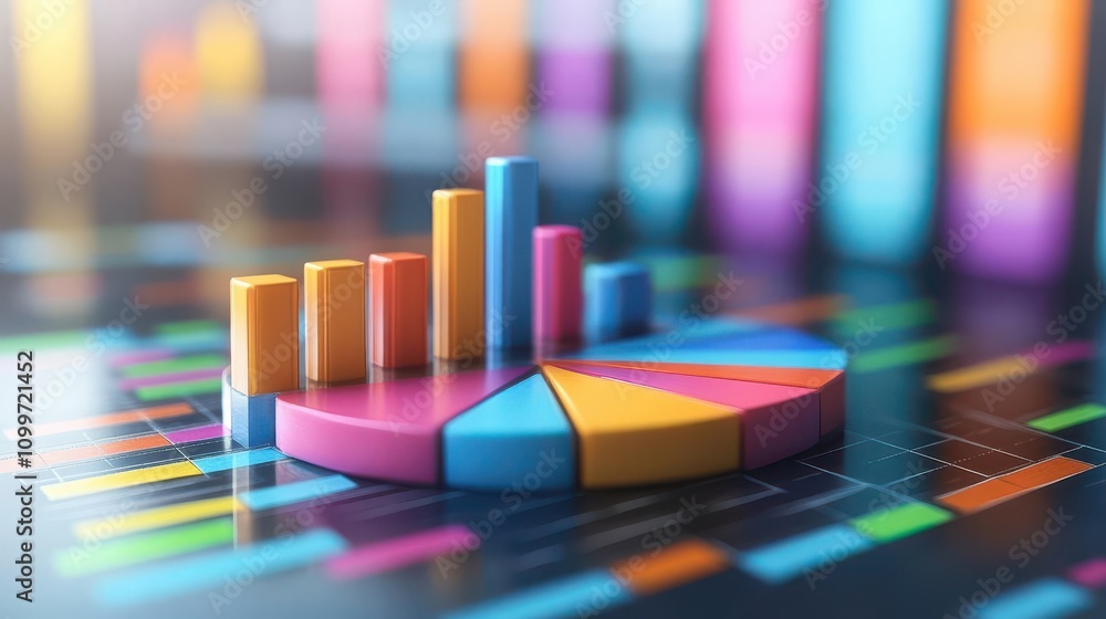 Poster a colorful 3d graph and pie chart represent data visualization, showcasing various metrics and stati