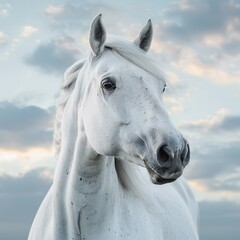 Fototapeta premium White horse against blue cloudy sky horse