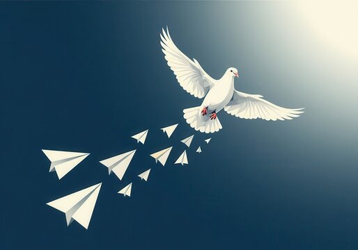 White dove soaring among origami paper planes in clear sky