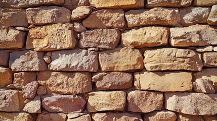 Obraz premium Weathered stone brick wall showcasing unique textures and earthy tones, surrounded by a breathtaking desert landscape rich in history and natural beauty.