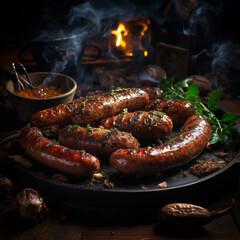 Grilled sausages. BBQ sausages. Homemade sausages cooked on the grill.