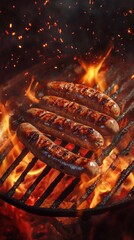 Grilled sausages. BBQ sausages. Homemade sausages cooked on the grill.