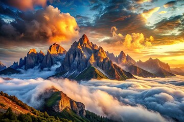 Fototapeta premium Majestic Misty Mountain Range: Clouds, Peaks, Scenic Landscape Photography