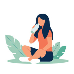 Young woman drinking water from a plastic bottle. Flat vector illustration.