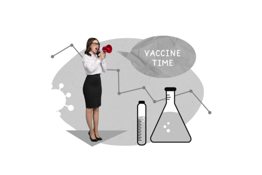 Collage photo of young woman hold loudspeaker scream message time for vaccination near glasses with liquid antidote isolated on grey background