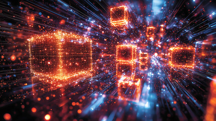 Obraz premium Abstract digital art depicts glowing orange and blue cubes in motion surrounded by vibrant light trails and data streams Represents highspeed network data transmission and futuristic technology