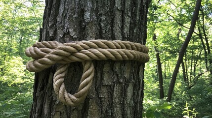 Thick twisted rope securely fastened around a rugged tree trunk, surrounded by lush greenery in a vibrant forest setting.