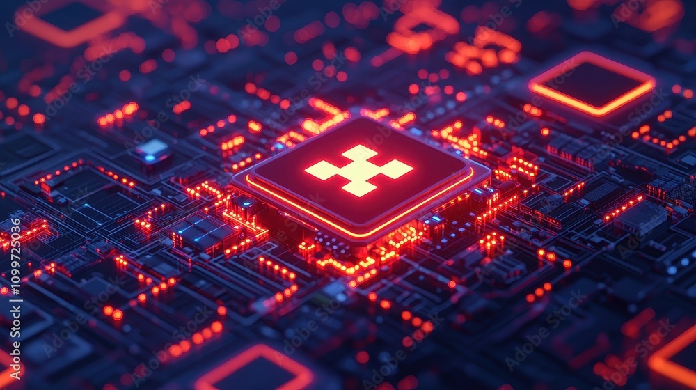 Poster futuristic circuit board with glowing red components and chip