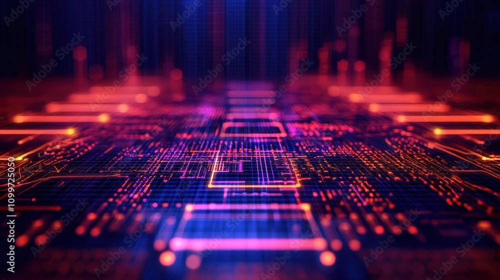 Poster abstract technology background with neon circuitry and glowing lines
