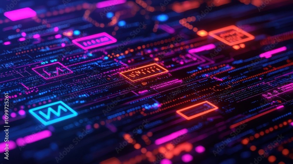 Poster abstract neon circuit board with vibrant digital patterns