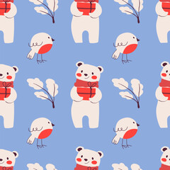 Cute polar bear, bullfinch bird and snow branch seamless pattern. Christmas ornament on blue background.