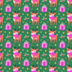 Bright festive seamless pattern with deer, gift box and ostrich. Endless winter Christmas ornament in fancy colors.