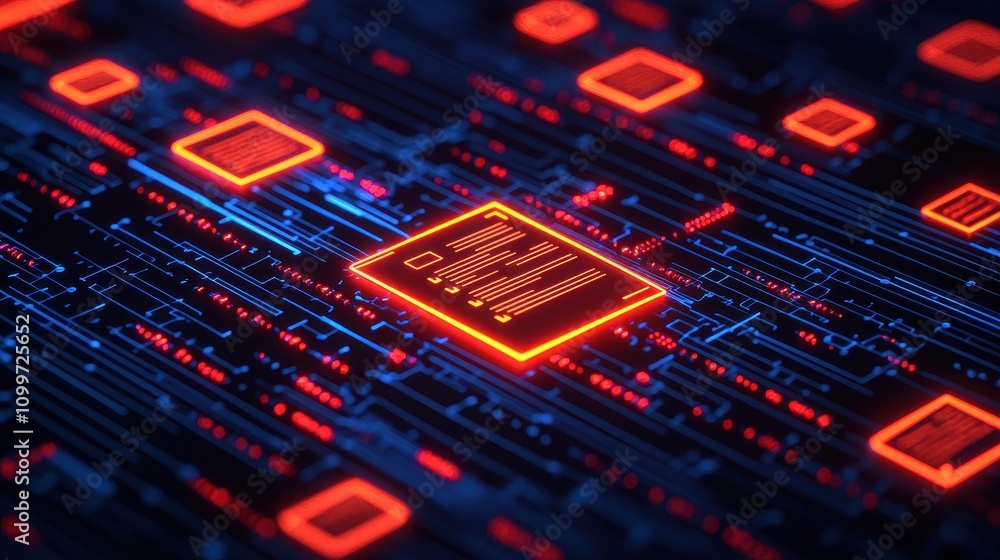 Poster futuristic abstract circuit board with neon elements and glowing lines