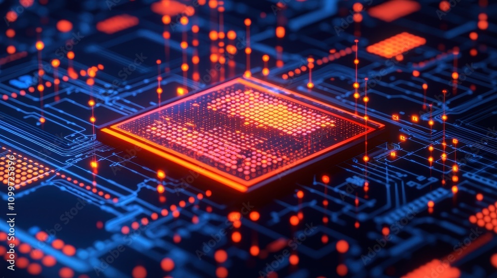 Poster futuristic microchip on dark circuit board with glowing elements