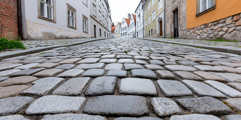 Historic city street, cobblestone road, vintage architecture details, moody photograph, isolated on white background