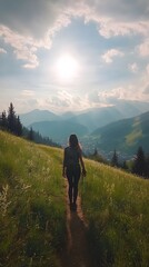 Fototapeta premium Female hiker exploring a scenic mountain trail under a bright sky.