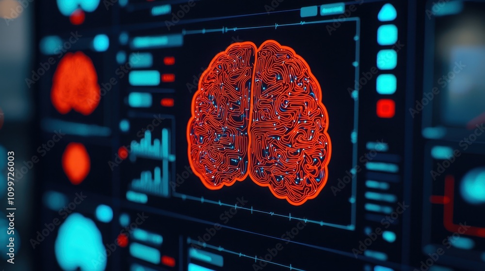 Poster futuristic brain concept with neon lights and data visualization