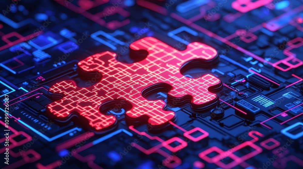 Poster red puzzle piece on high-tech circuit board background concept