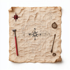 A treasure map with compass and tools, pirate adventure, old parchment style, isolated on white background