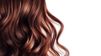 Fototapeta premium Curly brown hair isolated against a white backdrop Gorgeous vibrant long chocolate locks showcasing haircuts and styles Concepts of dyed hair coloring extensions care and treatment Banner
