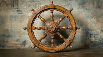 Obraz premium Wooden ship's steering wheel displayed against a textured vertical backdrop, showcasing intricate craftsmanship and a vintage maritime aesthetic.