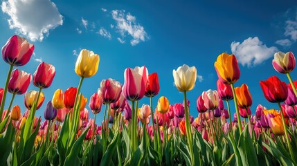 Vibrant fields of multicolored tulips under a bright blue sky showcasing the beauty of spring blooms in full color