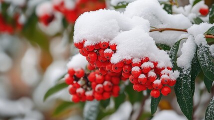 Rowan berries in vibrant clusters blanketed by fresh snow