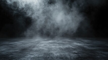 Abstract image of a darkened space with a concrete floor A panoramic view of fog mist or smog swirling against a black backdrop ideal for product display