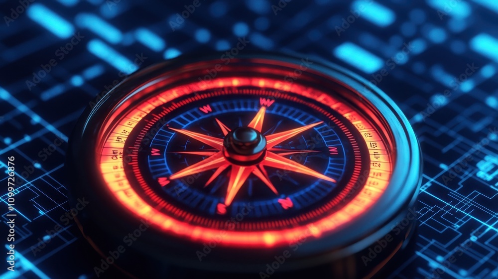 Poster modern compass with digital background and technological elements