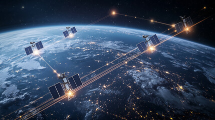 Multiple satellites with solar panels orbit Earth interconnected by glowing lines showcasing a global communication network above the planets night side