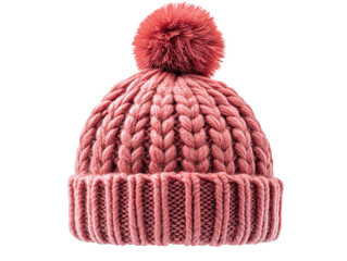 Fototapeta premium Soft pink knitted beanie hat with pom-pom on a white isolated background.