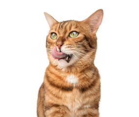 Contented ginger cat licks lips.