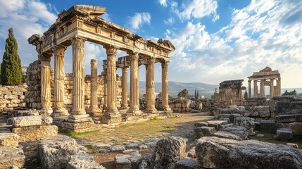 Obraz premium Ancient temple ruins showcasing intricate stone carvings and majestic columns under a blue sky with wispy clouds.