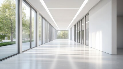 Obraz premium A well lit and roomy vacant corridor in a contemporary office structure featuring expansive windows and a sleek minimalist aesthetic