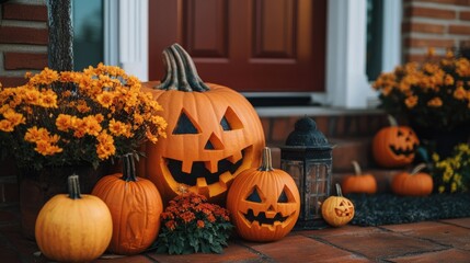 Obraz premium Halloween themed pumpkins flowers and lanterns adorning a front porch featuring seasonal home decorations