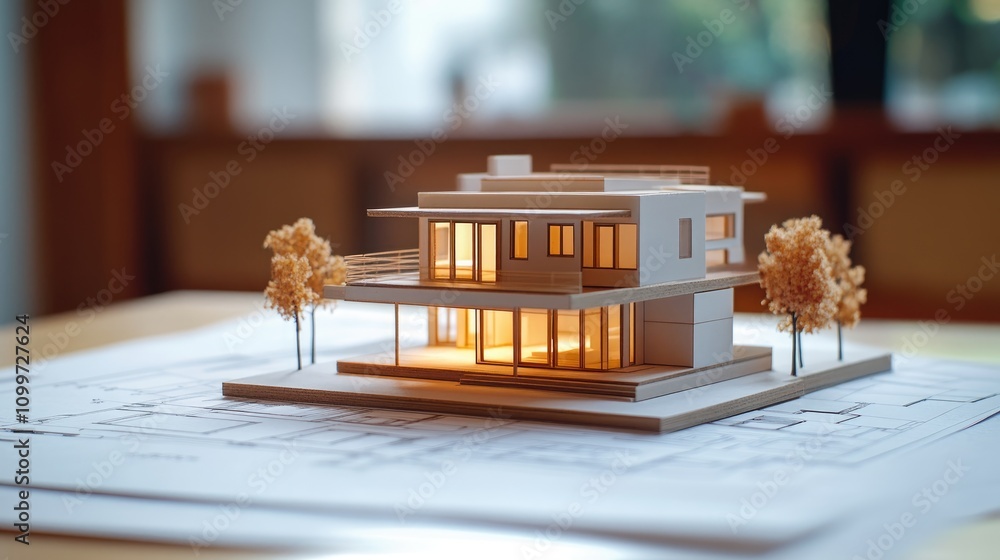 Poster a detailed architectural model of a house is placed on blueprint plans representing the concepts of 